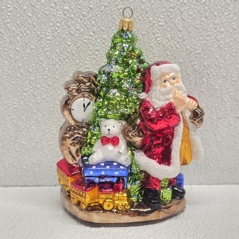 Santa Claus Night Before Christmas Tree Presents Blown Glass Hanging Ornament